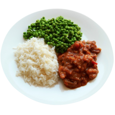 Boeuf stroganoff, doperwten, zilvervlies rijst 